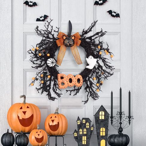 18" Artificial Halloween Wreath, Black Cat Wreath with White Ghost, Pumpkin and Boo, Halloween Wreath for Front Door Wall Window Porch, Black Halloween Decorations in Saudi Arabia