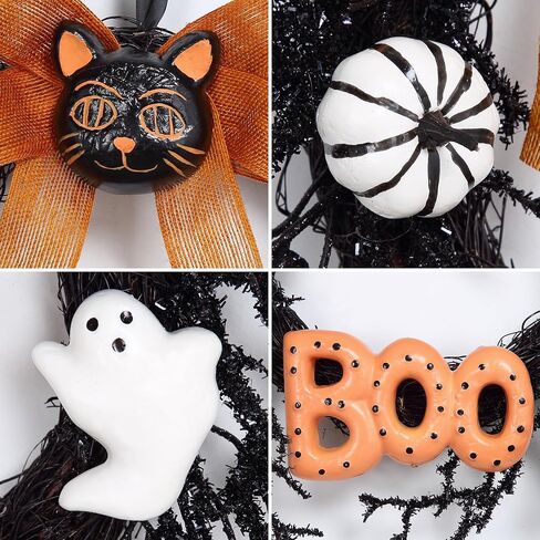 18" Artificial Halloween Wreath, Black Cat Wreath with White Ghost, Pumpkin and Boo, Halloween Wreath for Front Door Wall Window Porch, Black Halloween Decorations in Saudi Arabia