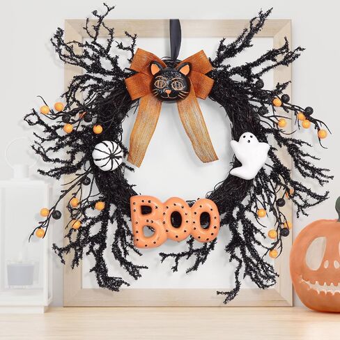 18" Artificial Halloween Wreath, Black Cat Wreath with White Ghost, Pumpkin and Boo, Halloween Wreath for Front Door Wall Window Porch, Black Halloween Decorations in Saudi Arabia