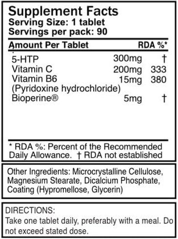 5HTP 300 مجم × 180 قرصًا (زجاجتان تحتوي كل منهما على 90 قرصًا - كمية كافية لمدة 6 أشهر. مع 220 مجم فيتامين C وB6 ومستخلص الفلفل الأسود. SKU: 5H3x2 in Kuwait
