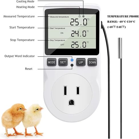 KABASI Digital Temperature Controller, Backlit LCD Screen Thermostat Heating Cooling Outlet Plug with Sensor Timer for Reptile Incubator Greenhouse Brewing Refrigerator 110V, 15A, ℉/℃ in Saudi Arabia