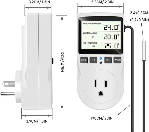 KABASI Digital Temperature Controller, Backlit LCD Screen Thermostat Heating Cooling Outlet Plug with Sensor Timer for Reptile Incubator Greenhouse Brewing Refrigerator 110V, 15A, ℉/℃ in Saudi Arabia