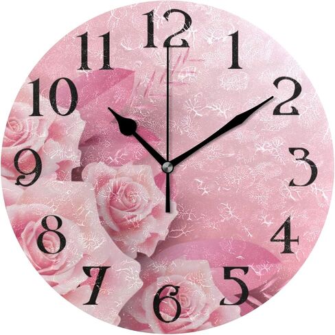 Pink Clock Pink Wall Clock Pink Roses Clock with Roses Pink Bathroom Clock Non Ticking Battery Operated Pink Flower Clock Round 9.5 in Quartz Analog Kitchen Decor in Saudi Arabia