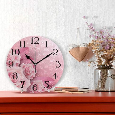 Pink Clock Pink Wall Clock Pink Roses Clock with Roses Pink Bathroom Clock Non Ticking Battery Operated Pink Flower Clock Round 9.5 in Quartz Analog Kitchen Decor in Saudi Arabia