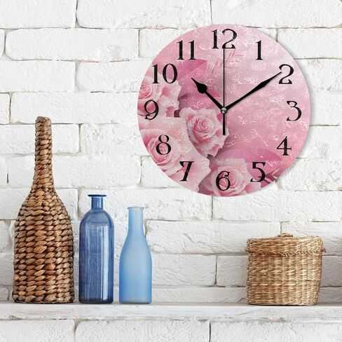 Pink Clock Pink Wall Clock Pink Roses Clock with Roses Pink Bathroom Clock Non Ticking Battery Operated Pink Flower Clock Round 9.5 in Quartz Analog Kitchen Decor in Saudi Arabia