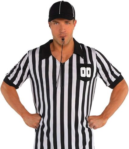 Adult Standard Size Referee Kit - 1 Set - All-in-One Striped Black & White Shirt, Hat, and Whistle - Complete Set for Sports and Games Enthusiasts in Saudi Arabia
