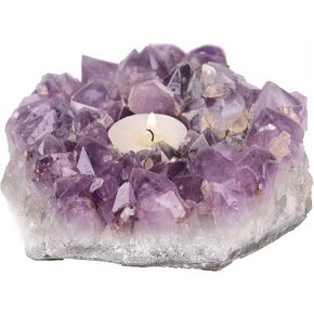 JIC Gem Amethyst Candle Holder Natural Purple Crystals Candle Stand Large Amethyst Tealight Candle Holders Home Decoration 5.5 Inch