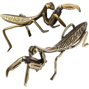 2pcs Gold Praying Mantis Figurines, Vintage Brass Mantis Statues, Decorative Brass Animal Ornament DIY Craft, Small Brass Metal Mantis Desktop Ornament