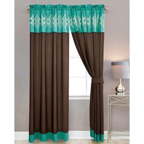 WPM WORLD PRODUCTS MART 4 Pieces Curtain Set: Coffee Brown Teal Color Luxury Embroidery Panels Drapes with tie Backs for Southwestern Navajo Room Windows- Makala