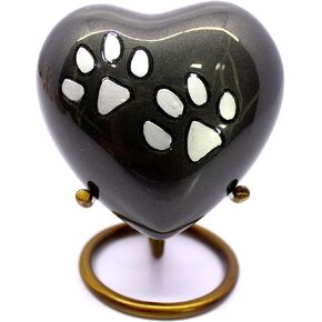 eSplanade Brass Mini Cremation Urn Heart-Shaped Keepsake Memorial Jar Pot Container | Small Urn for Funeral Ashes Burial | Paws Engraved Metal Keepsake with Stand | Black - 2.75" Inches