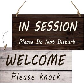 In Session Do Not Disturb Door Sign, Double-Side Plaque for Business, Office, Therapist, Treatment, 12x6 Inches Welcome Please Knock Wooden Hanging Sign