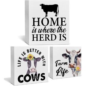3 Pcs Farm Cow Wood Box Signs Decor for Home Farmhouse Farm Life Cows Tiered Tray Decor Table Desk Shelf Decoration