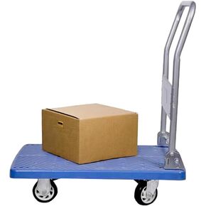 Restaurantware RW Clean 31.5 x 20.9 x 32.7 Inch Platform Cart 1 Small Flat Hand Cart - 660-Pound Capacity Foldable Handle Blue Plastic Flatbed Dolly Cart Heavy-Duty For Warehouses or Homes