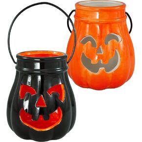 Hanna’s Handiworks Pumpkin Tealight Holder/Lantern- Ceramic Jack-o-Lantern Decoration- Indoor or Covered Outdoor Use- Cute Tabletop Lighting Decor for Fall and Halloween Parties- Set of 2