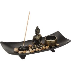 Buddha Statue Incense Holder, Zen Meditation Buddha Candle Holders Garden Table Kit with Wood Tray, Buddha Statue, Rocks, Incense Burner Holder