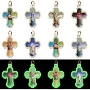 20Pcs Glow In The Dark Cross Charm Picture Jesus Enamel Acrylic Resin Luminous Crucifix Pendant Beads for DIY Catholic Rosary Necklace Bracelet Jewelry Making