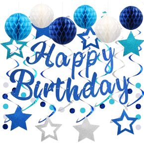 YEOCU Blue Birthday Decorations - NO-DIY Glitter Happy Birthday Banner with Honeycomb Ball, Stars Hanging Swirl Streamers, Circle Dot Garland - Pre-Assembled Birthday Party Decorations for Men Boys