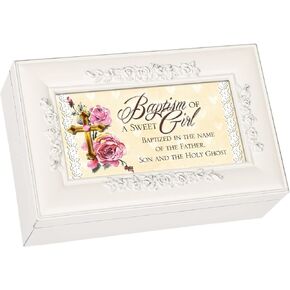 Cottage Garden Baptism of a Sweet Girl Matte Ivory Rose Petite Music Box Plays Jesus Loves Me