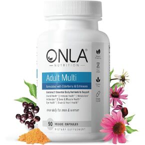 ONLA Elderberry Supplements for Women 80mg - Vegan Multivitamins for Immune Support with Echinacea 20mg, Zinc, Vitamin A,C, D3, & B6 - Non-GMO, Gluten-Free Daily Capsules- 3 Month Supply-Made in USA