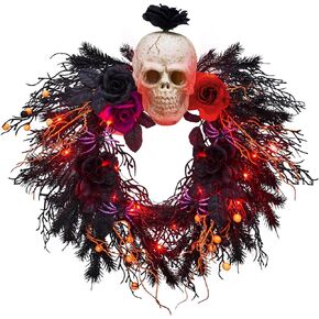 20" Halloween Wreath for Front Door, Halloween Artificial Wreath with Spider, Scary Skull, Rose, Red and Black Halloween Decor Wreath with Lights for Window Wall Party Holiday