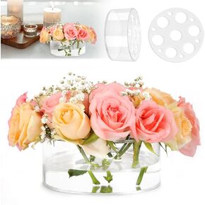6 Inch Acrylic Flower Vase for Wedding Centerpieces Round, Circular Clear Wide Low Floral Vases with 7 Large + 6 Small Holes for Dining Table Home Birthday Party Flower Arrangement