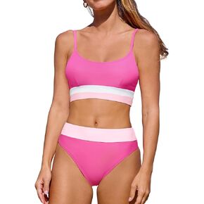 CUPSHE Women's Bikini Sets High Waisted Bathing Suit Scoop Neck Spaghetti Adjustable Straps Color Block Swimwear