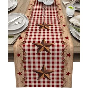 Farmhouse Table Runner,Rustic Barn Western Texas Star Berries Red White Buffalo Plaid Country Burlap Dresser Runner Dining Table Scarf,Small Table Runner for Home Party Decoration,13x36 Inch