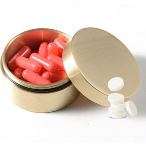 Alvinlite Portable Daily Pill Case, Brass Round Small Pill Box, Waterproof Metal Jewelry Pill Organizer Medicine Vitamin Holder Container with Lid for Outdoor Travel Working(M)