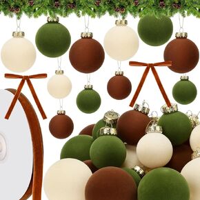 Syhood 24 Pcs Velvet Christmas Balls with Khaki Velvet Ribbon 20yd Flocked Christmas Tree Ball Ornaments 3.15" 2.36" in 3 Colors Xmas Bulbs Plastic Balls Bulk for Christmas Decorative Hanging