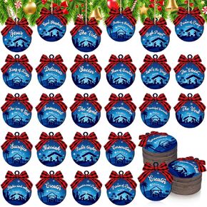 Soaoo 50 Pcs Names of Jesus Wood Ornaments for Crafts Christmas Wooden Christmas Ornaments Wooden Christmas Ornaments Names of Jesus Christmas Ornaments with Red Buffalo Plaid Bows Decor (Stylish)