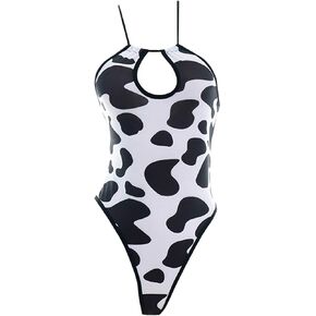 Women Sexy Cow Print One Piece Swimsuit Bikini Set Halter Neck Beach Bathing Suit Swimwear Romper Nightgown