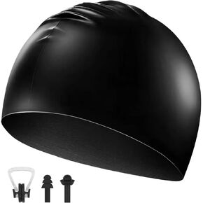Black Swim Cap for Long Hair with Nose Clip/Ear Plugs, Silicone Swim Cap Women Adult Kids & Pool Cap for Women Long Hair, Waterproof Hair Cap for Swimming for Men/Kids/Youths Swimcap Pool Hair Cap