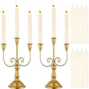 Blosssound Set of 2 Candelabra Gold Candle Holders with 8 Candles 3 Arm 11.8" Wedding Candlestick Holder Metal Candelabra for Theme Party Table Centrepiece Decor Holiday Christmas