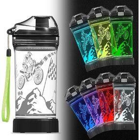 Ammonite Kids Motorcycle Water Bottle with 3D Glowing Dirt bike LED Light - 14 OZ Tritan BPA Free - Creative Motocross Gift Ideal for Children Boys Sports School Outdoor Camping Picnic Travel