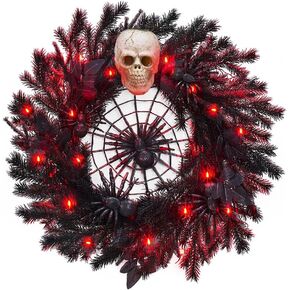 22" Halloween Wreath with Lights, Black Twig Wreath with Scary Skull and Spider, Artificial Halloween Party Decorations for Front Door Indoor Outdoor Wall Window Porch