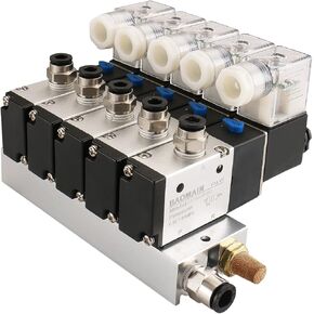 Baomain 5 Space Pneumatic Solenoid Valve 3V210-08 12VDC PT1/4 2 Position 3 Way Manifold with Base Muffler Quick Fittings Set