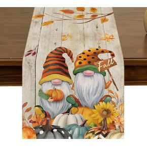 Fall Gnomes Table Runner 13x72 Inch Seasonal Harvest Autumn Thanksgiving Pumpkins Sunflower Leaves Kitchen Dining Table Decor for Indoor Outdoor Home Party Decoration ZQ32