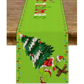 Sunwer Grinchmas Table Runner Green Elf Whoville Merry Christmas Winter Holiday Party Decoration Indoor Outdoor Home Kitchen Dining Room Decor 13 X 72inch