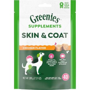 Greenies مكملات جلد ومعطف الكلب مع زيت السمك وأحماض أوميجا 3 الدهنية، نكهة الدجاج، 80 قطعة مضغ طري، 14.7 أونصة.