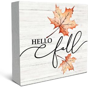 SRADMO Fall Hello Maple Leaf Thanksgiving Wood Box Sign Desk Decor,Rustic Autumn Harvest Seasonal Wooden Block Box Sign Decoration For Home Farmhouse Indoor Outdoor Wall Shelf Table Decor
