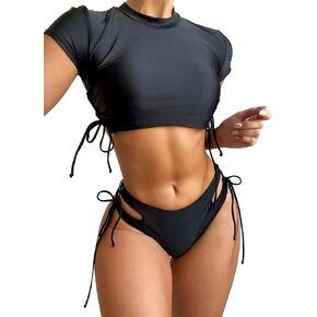 Lilosy Drawstring Bikini Set Srting Swimsuit Short Sleeve Top and Tie Side Bottom 2 Piece