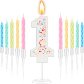 MTLEE Number 2 Happy Birthday Candle 3D Number Candle with Sprinkles Cute Number Candles Cake Topper with 10 Long Thin Rainbow Spiral Candles for Girls Women Anniversary Wedding Party Decor