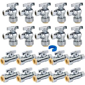 SUNGATOR Shut Off Valves,Pushfit Valve, 1/2"x 3/8" Compression Shut Off Valves, 10 Each Angle Stop & Straight Stop Valve Set,No Lead Brass Push Valve for PEX,Copper,CPVC,with 1 Release Clip,Pack of 20