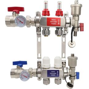 Antrader Radiant Heat Manifold 2 Loop,Radiant Heat PEX Manifold PEX Radiant Floor Heating Manifold Kit Stainless Steel Manifold for Hydronic Radiant Floor Heating (1/2" Adapters Included)