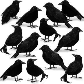 Meooeck 12 Pcs Black Fake Crows Halloween Feathered Crows Decor Realistic Raven Birds Decorations Spooky Black Feathered Crows Halloween Prop Decor for Outdoor Home Garden Holiday Party