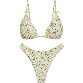 Women's Bikini Sets Tie Back Bowknot Two Piece Swimsuits Triangle Thong Bathing Suit Gingham Floral Cherry Printing