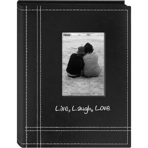Pioneer LLL46 "Live, Laugh, Love" Embroidered Frame Cover Sewn Leatherette Mini Photo Album, Black