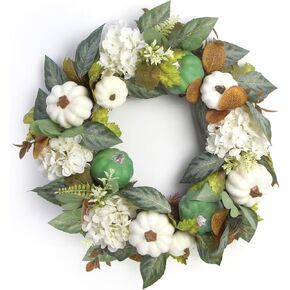 Fall Wreaths for Front Door 20 Inch Artificial Orange Fall Wreath Decorated with Bows, Pumpkins, Berries and Maple Leaves for Halloween, Thanksgiving, Indoor and Outdoor Home Decorations