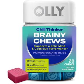 OLLY Chill Thinker Brainy Chews, Plus L-Theanine, Magnesium & Omega-3 for a Relaxed State of Mind, Pomegranate Blueberry Flavor, 20 Count