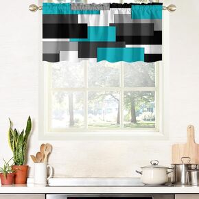 AAtter Teal and Black Kitchen Valance Curtain for Window Turquoise Aqua White Grey Gray Geometric Art Gothic Small Short Home Living Room Bedroom Bathroom Drapes Fabric 1 Panel, 52" W x 18" L, Modern in Saudi Arabia